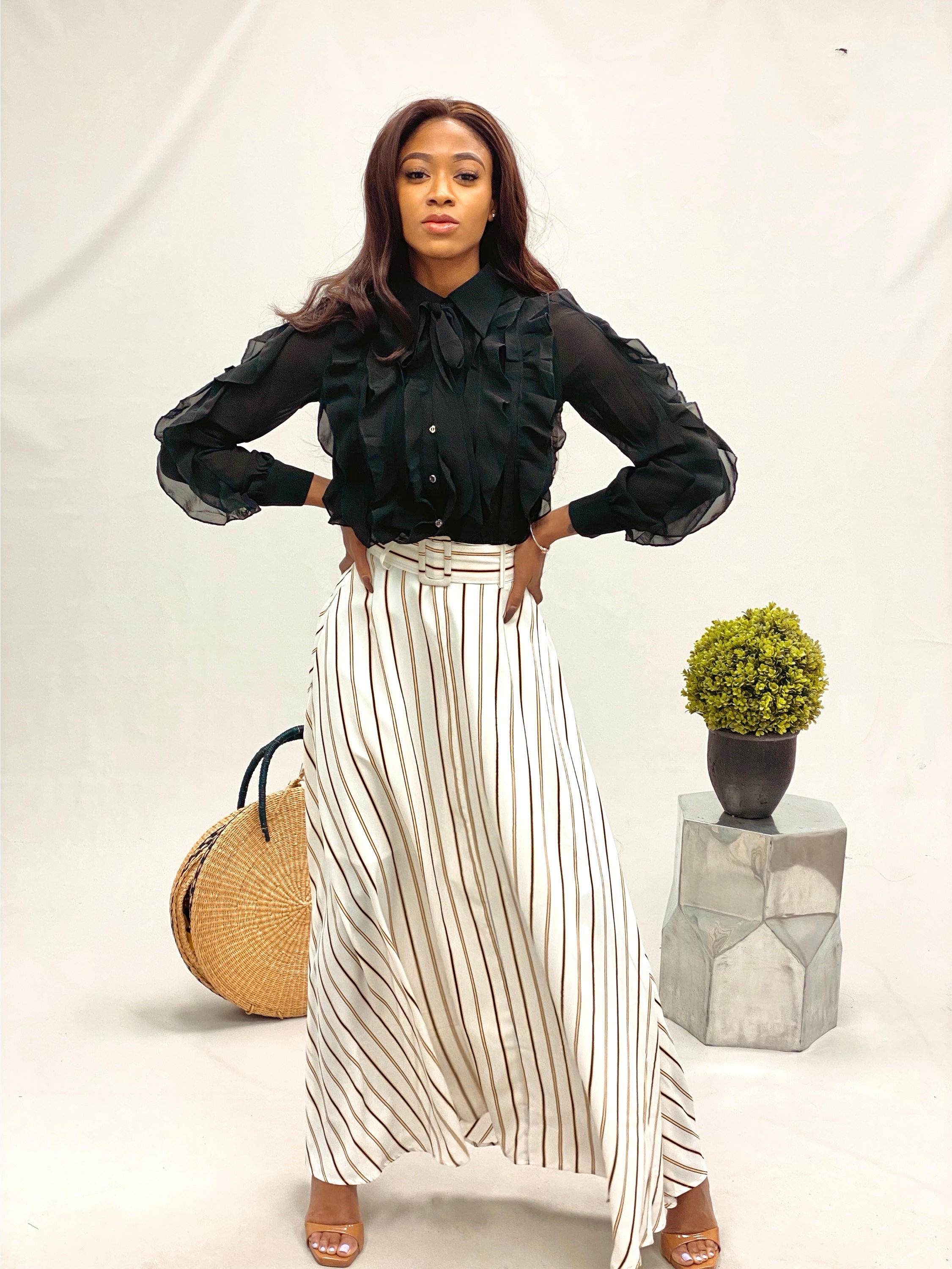 Black and white striped maxi skirt outfit clearance ideas